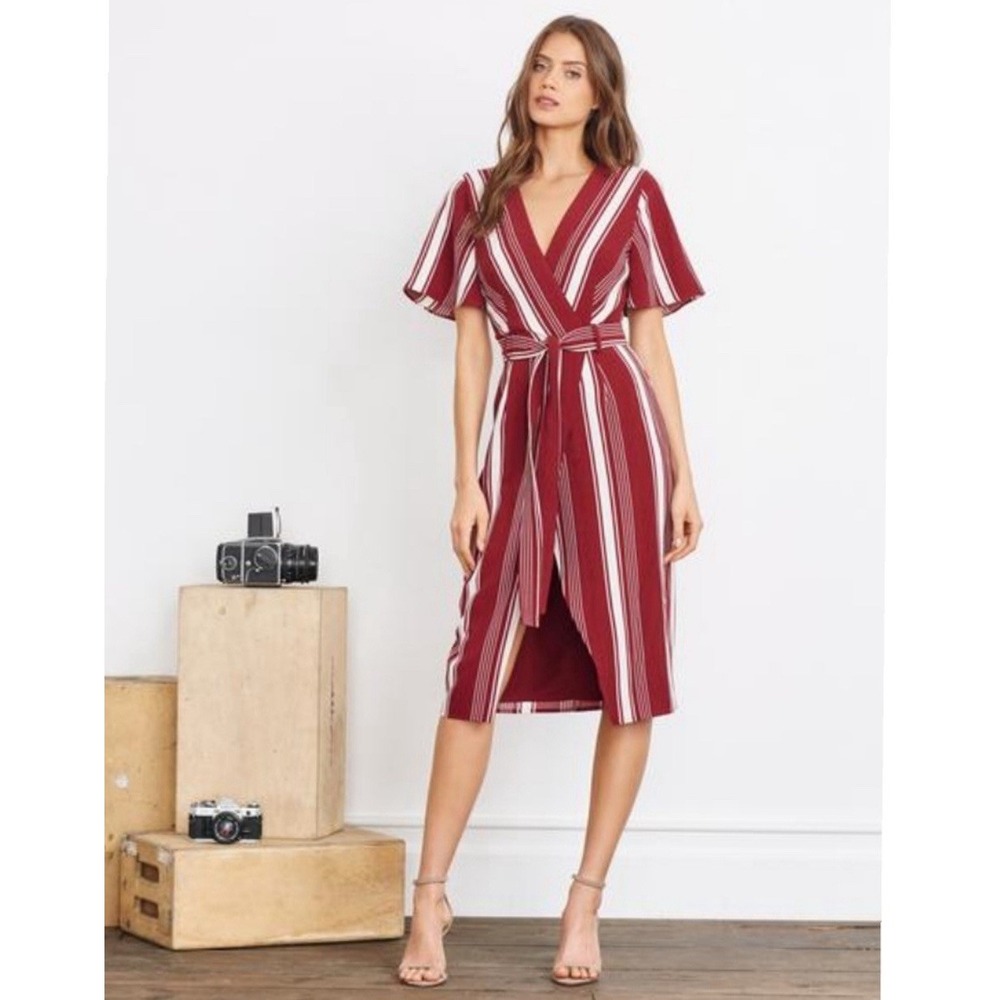 LOVERS AND FRIENDS New SMALL Fremont Wrap Dress Cranberry Stripe Tie Red‎ White